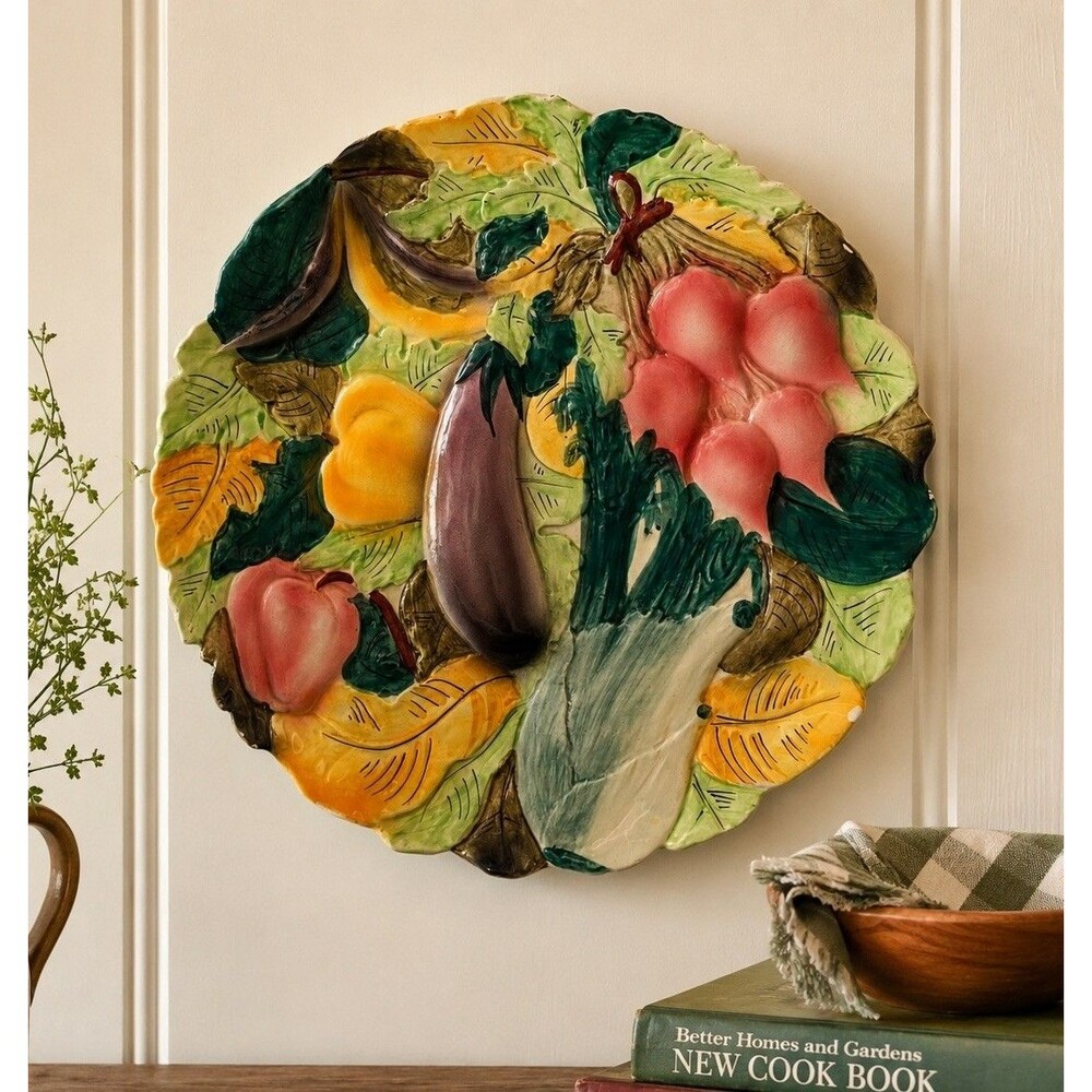 Vintage Italy Majolica Vegetable Wall Platter 13” Eggplant Radish Celery Relief